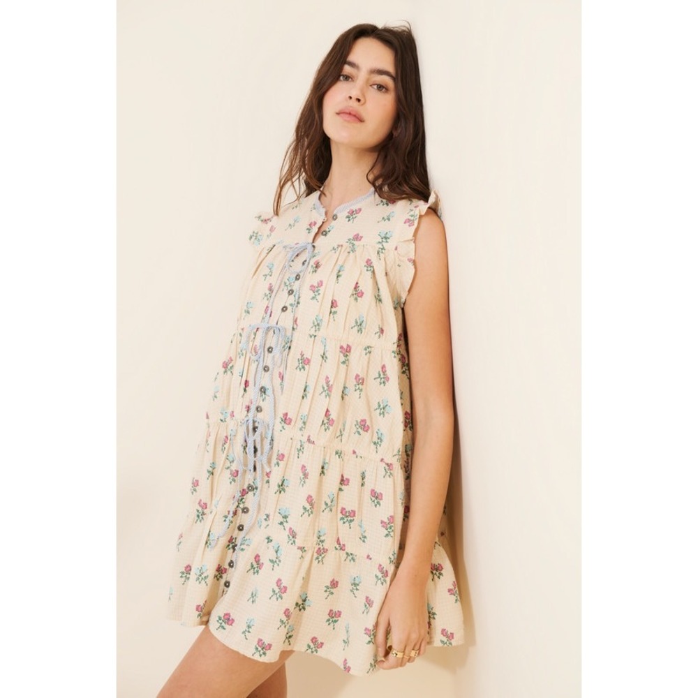 Free People Floral Tiered Mini Dress XL Beige Ruffle Sleeve Boho OB2142452